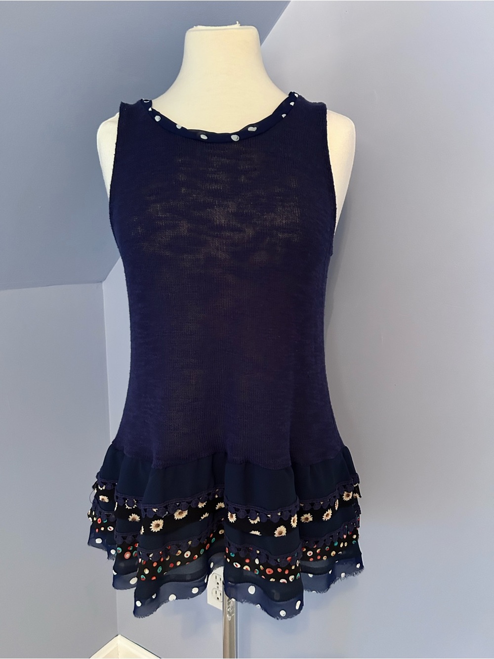 Navy Tiered Ruffle Knit Tank Top by One September from Anthropologie